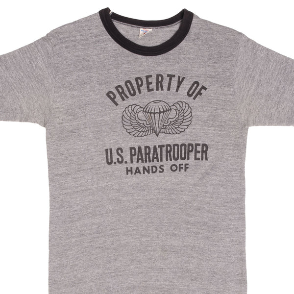 Vintage Property Of US Paratrooper Hands Off Tee Shirt 1980S Size Small Made In USA With Single Stitch Hem