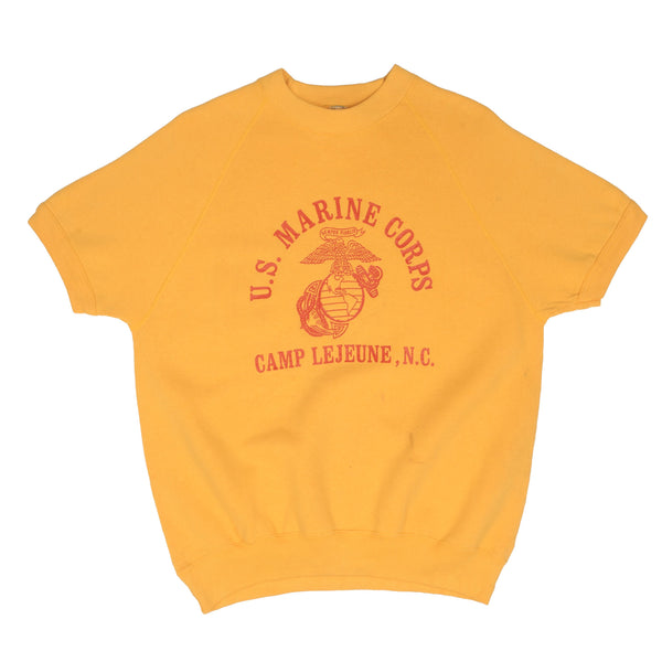 Vintage USMC US Marine Corps Camp Lejeune NC Short Sleeve Yellow Sweatshirt 1990S Size Large