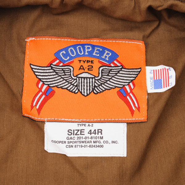 Vintage COOPER USAF Flight Leather Jacket Cooper Type A-2 Size 46R.  Under exclusive manufacturing by the Cooper Defense Contract Division U.S. Air Force.   GAC 201-01-8101M CSN 8720-01-8243400