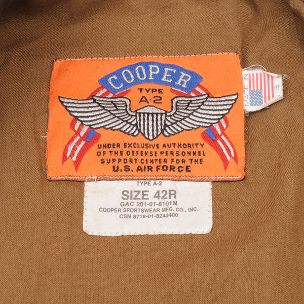 Vintage COOPER USAF Flight Leather Jacket Cooper Type A-2 Size 42R.  Under exclusive manufacturing by the Cooper Defense Contract Division U.S. Air Force.   GAC 201-01-8101M CSN 8720-01-8243400