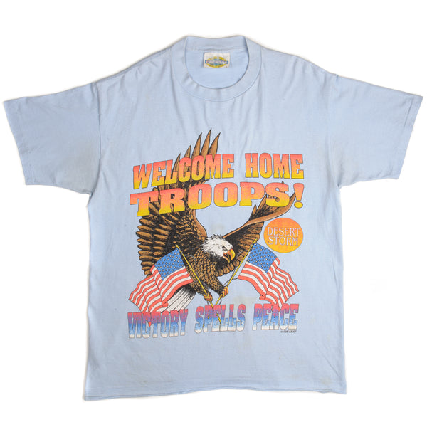 Vintage US Military Desert Storm Welcome Home Troops ! Victory Spells Peace Tee Shirt Size Large.