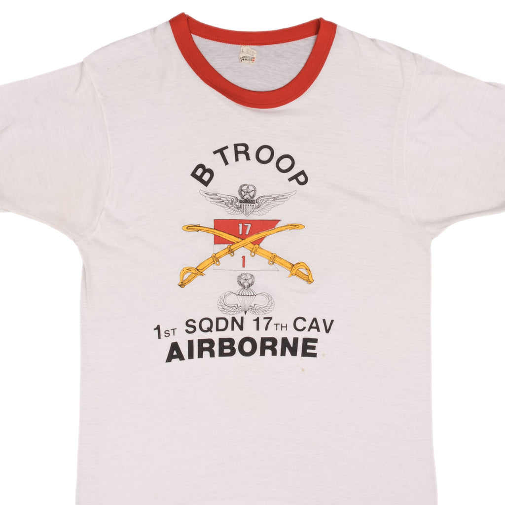 Vintage Us Army B Troop Airborne 1st Squadron 17th Cavalry Tee Shirt 1980S Size Small Made in USA With Single Stitch