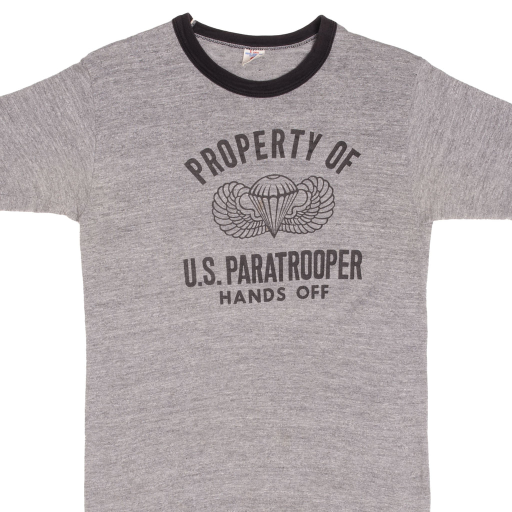 Vintage Property Of US Paratrooper Hands Off Tee Shirt 1980S Size Small Made In USA With Single Stitch Hem