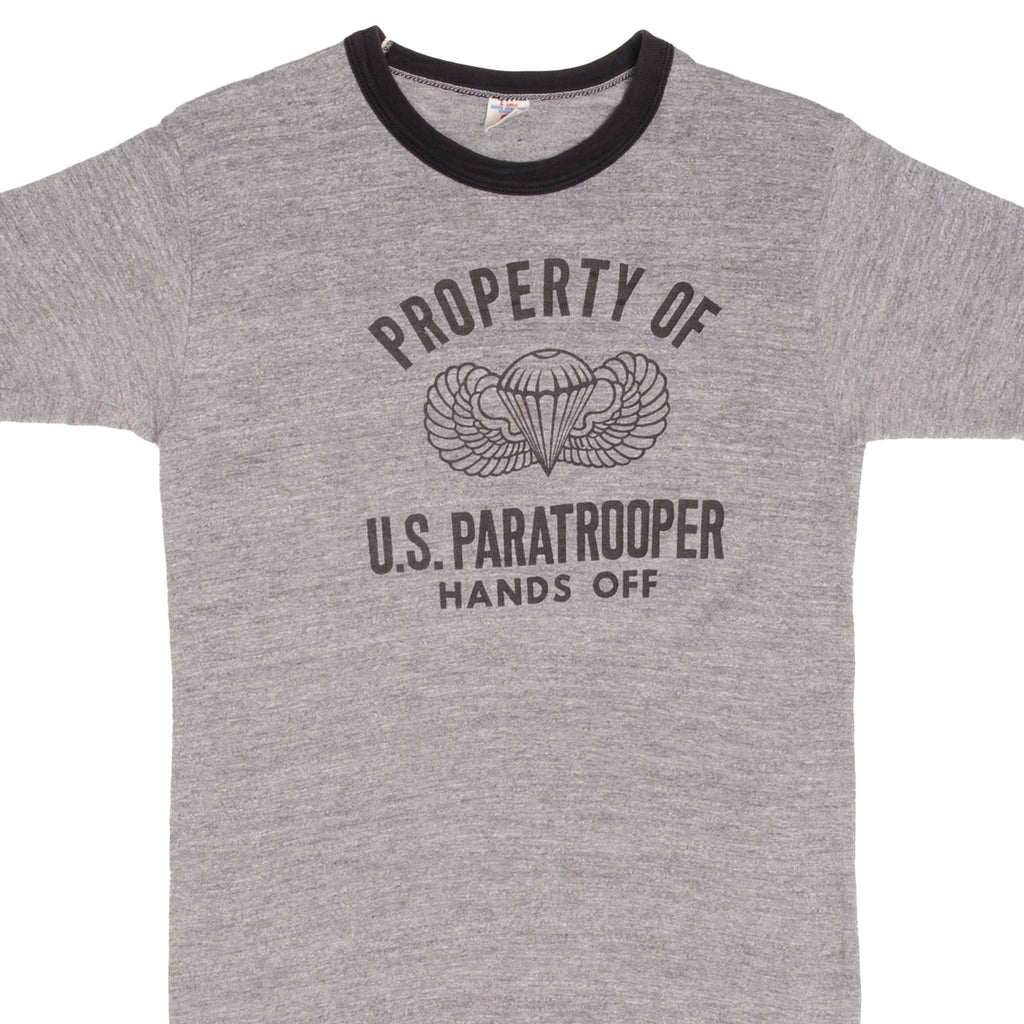 Vintage Property Of US Paratrooper Hands Off Tee Shirt 1980S Size Small Made In USA With Single Stitch Hem