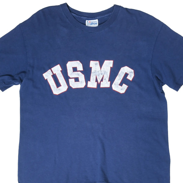 VINTAGE USMC MARINES CORPS BLUE DISTRESSED TEE SHIRT 1980S MEDIUM MADE IN USA