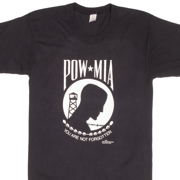 Vintage POW-MIA (Prisoner Of War Missing In Action) You Are Not Forgotten 1988 Tee Shirt Size Small Made In USA With Single Stitch Sleeves.