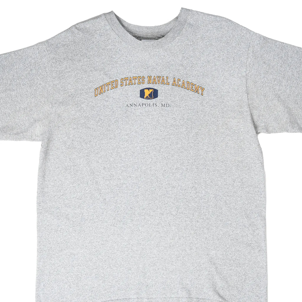 Front of grey US Naval Academy Annapolis tee with arched chest print and centered N emblem