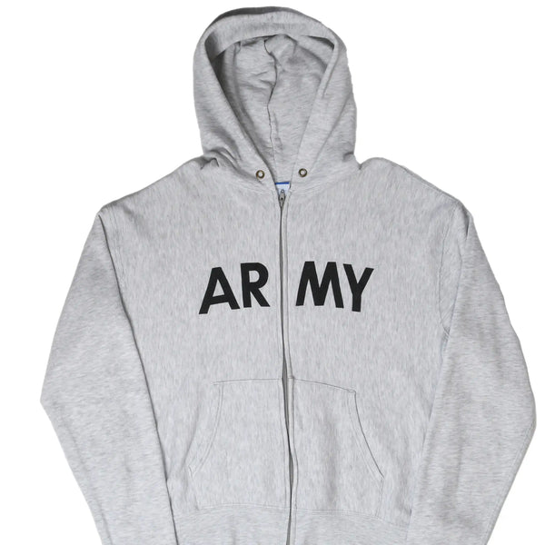 Upper front of gray US Army Champion full-zip hoodie with black ARMY print and split pouch pockets