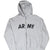 Upper front of gray US Army Champion full-zip hoodie with black ARMY print and split pouch pockets