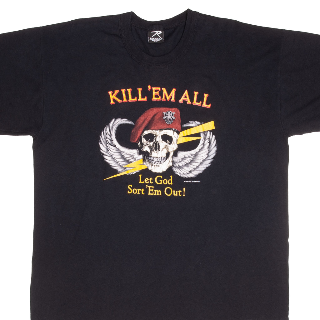 Vintage US Special Forces Red Beret Kill'Em All Let God Sort'Em Out ! Tee Shirt 1986 Size 2XL Made in USA with single stitch sleeves.