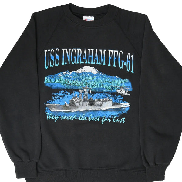 Front of black USN USS Ingraham FFG-61 sweatshirt with ship and mountain graphic.