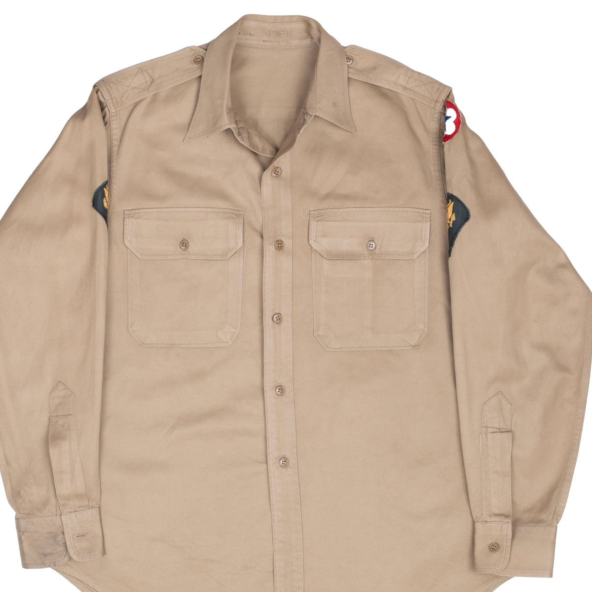 VINTAGE US ARMY OFFICER KHAKI SHIRT PATCHED WW2 SIZE 15 1/2 X 33