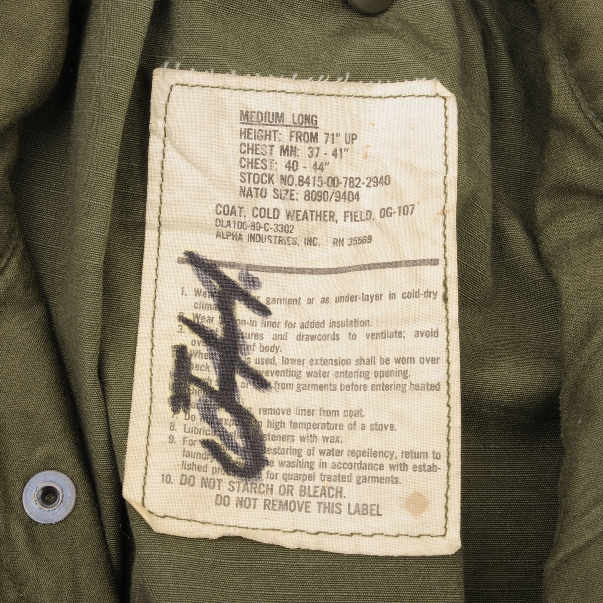Field Coat Alpha Industries M65 Size Chart VINTAGE US ARMY