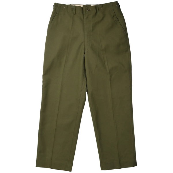 Front of olive green US Army M51 field wool trousers with slant pockets and belt loops