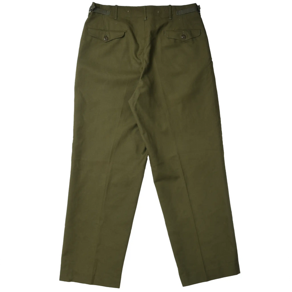 Back of olive green US Army M51 field wool trousers with two buttoned flap pockets