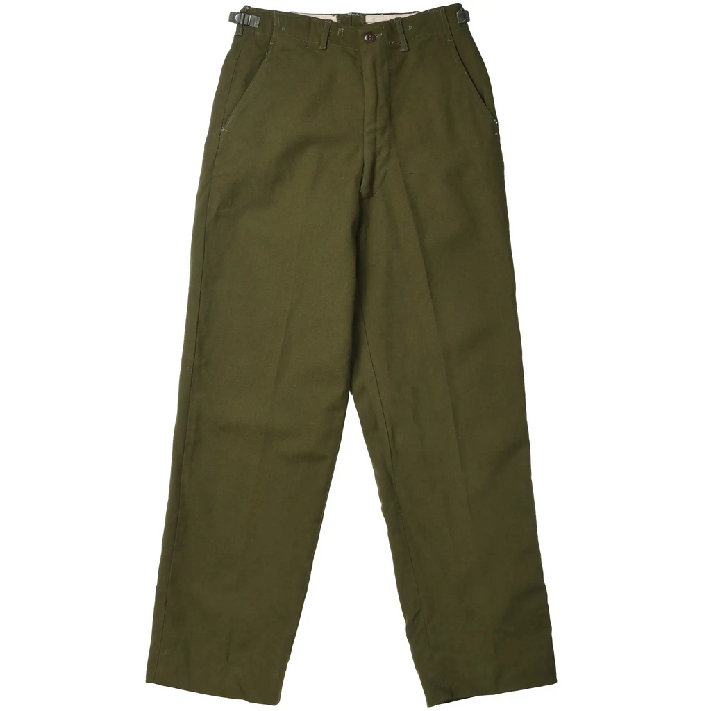 Front view of olive green US Army M51 wool field trousers with slant pockets and waist adjusters.