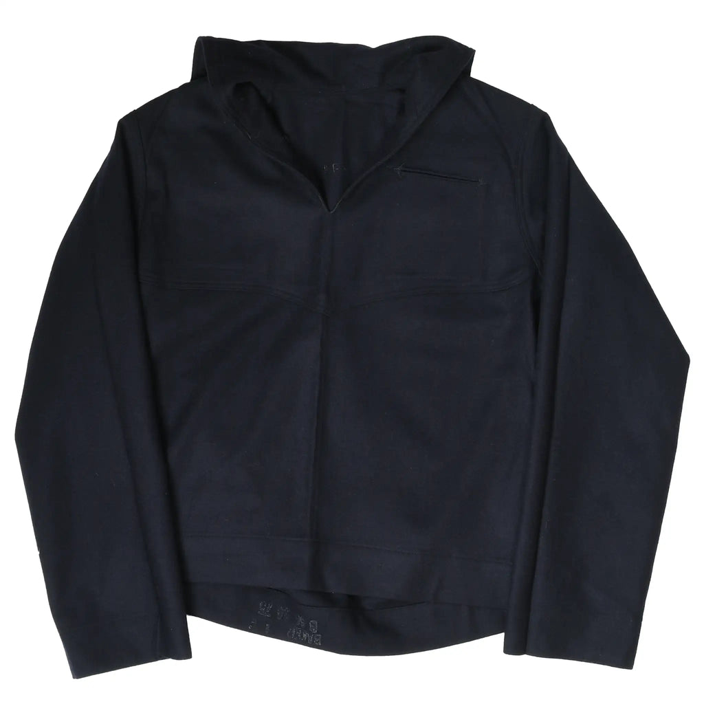 Front of blue US Navy wool flannel jumper with sailor collar and chest pocket