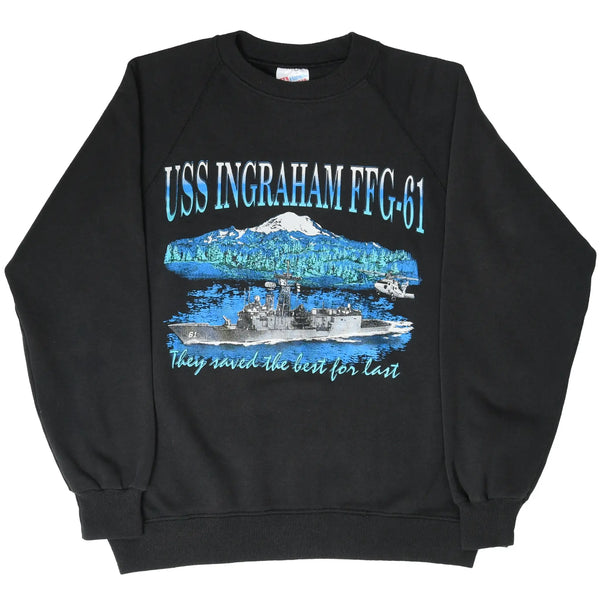 Full front view of black USS Ingraham FFG-61 sweatshirt with blue, white and gray graphic.