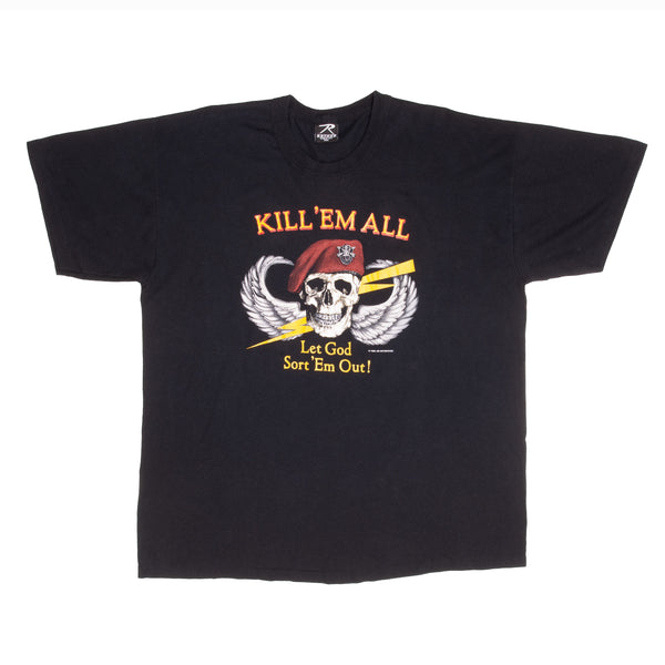 Vintage US Special Forces Red Beret Kill'Em All Let God Sort'Em Out ! Tee Shirt 1986 Size 2XL Made in USA with single stitch sleeves.