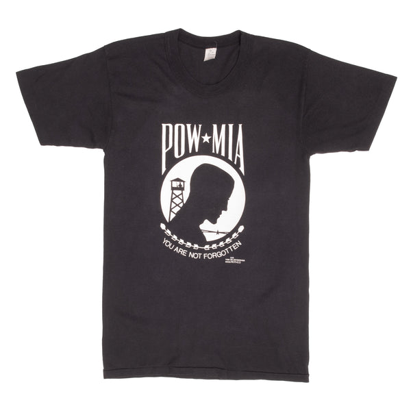 Vintage POW-MIA (Prisoner Of War Missing In Action) You Are Not Forgotten 1988 Tee Shirt Size Small Made In USA With Single Stitch Sleeves.