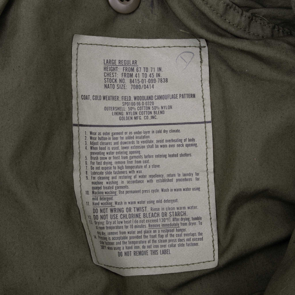 VINTAGE US ARMY M65 WOODLAND CAMO FIELD JACKET 1996 LARGE REGULAR NOS ...