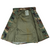 Open interior view of US Army M65 woodland camo field jacket showing olive inside, waist drawcords and label.