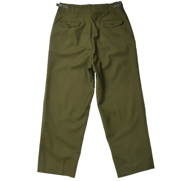 Back of olive green US Army M51 wool field trousers with two buttoned flap pockets