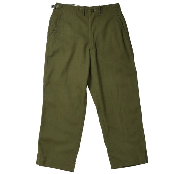 Front of olive green US Army field wool trousers with slash pockets and button waistband