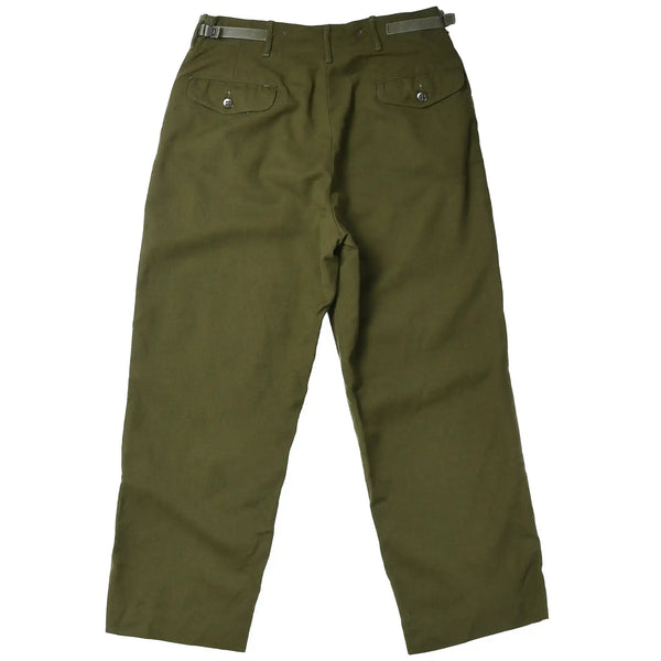 Back of olive green US Army field wool trousers with buttoned pockets and waist adjusters