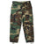 Front of US Army ripstop woodland camo combat trousers with cargo pockets and ankle drawcords