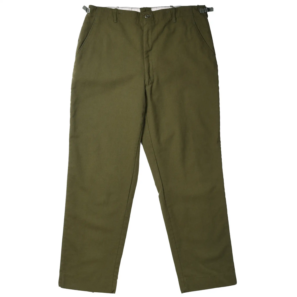 Front view of olive green US Army M51 field wool trousers with slant pockets and waist adjusters