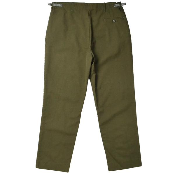 Back view of olive green US Army M51 field wool trousers with buttoned rear pocket