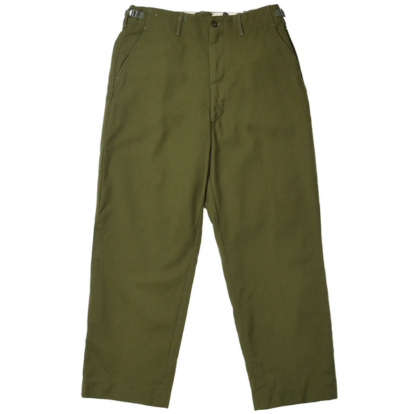 Front of olive green US Army M51 field wool trousers with slant pockets and waist adjusters