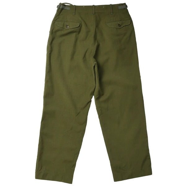 Back of olive green US Army M51 field wool trousers with two buttoned flap pockets