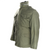 Three-quarter side view of olive green US Army M65 field jacket with flap pockets and shoulder epaulet