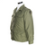 Three-quarter front view of olive green US Army woman's field jacket with shoulder patch and flap pockets