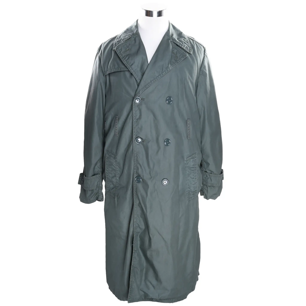 Front view of US Army Green 274 double-breasted rain coat with button closure and cuff straps