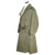 Three-quarter side view of olive drab US Army field overcoat with belt and buttoned cuff tabs