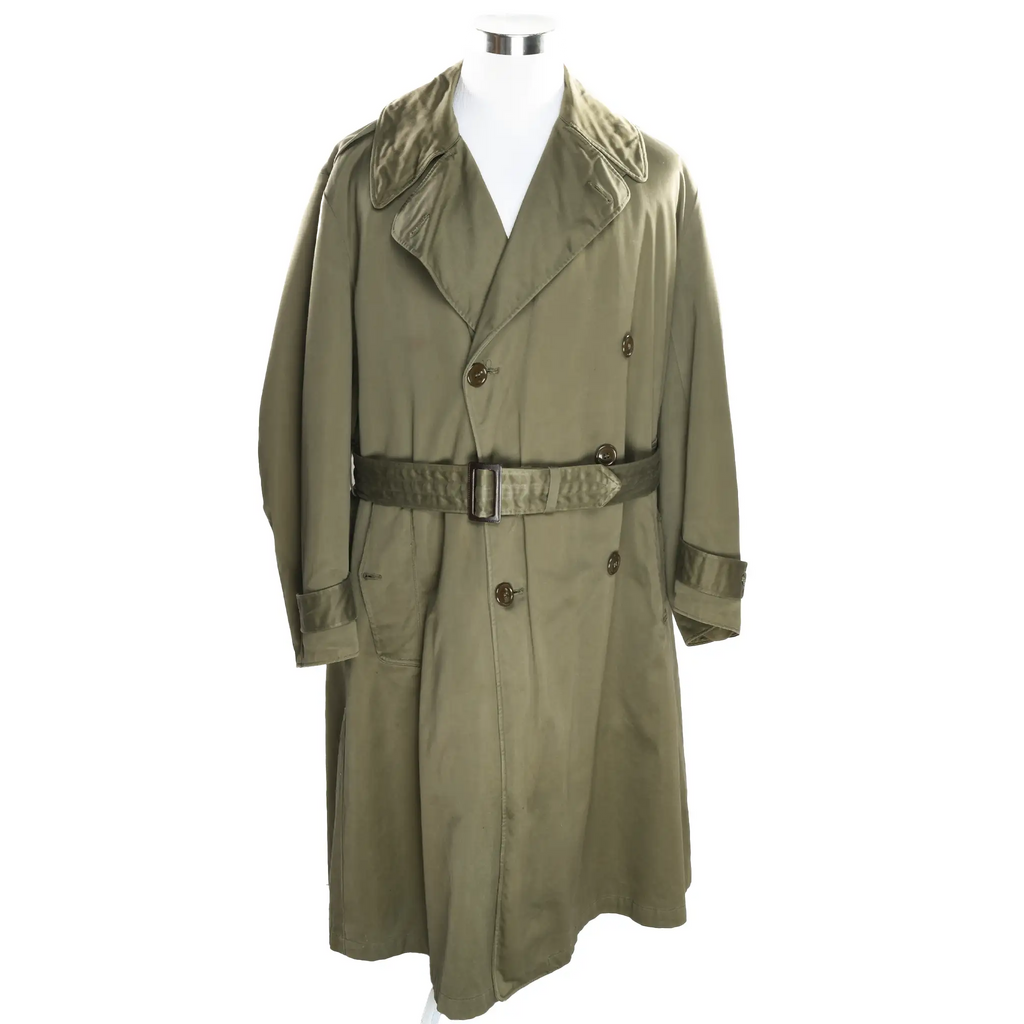 Front view of olive drab US Army field overcoat with double-breasted buttons and matching belt