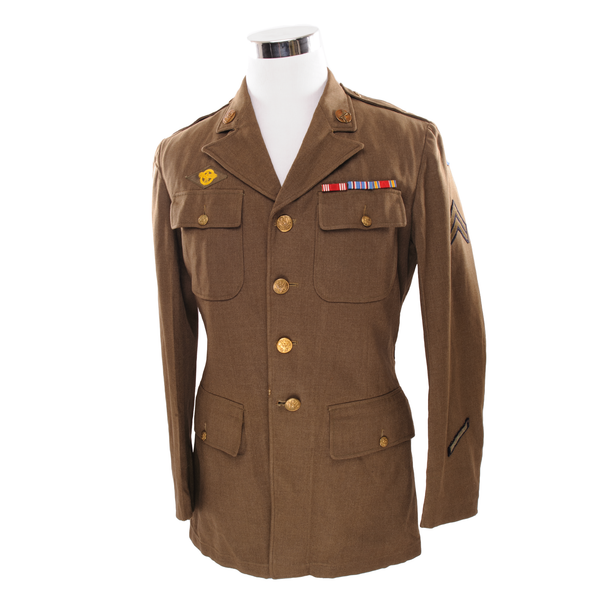 Vintage US Army Air Forces Uniform Wool Serge Jacket 1941 World War 2 Size 39L With Patch.  Patches : Corporal, 8Th Service Command, Reenlistment Stripe, Military Police, Ruptured Duck WW2 Veterans, Army Good Conduct Medal, Victory Medal Ww2, American Campaign Medal. Cont. W-669-qm-14711 Stock No. 55-C-69428