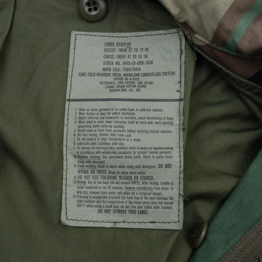VINTAGE US ARMY M65 WOODLAND CAMO FIELD JACKET 1996 LARGE REGULAR NOS ...