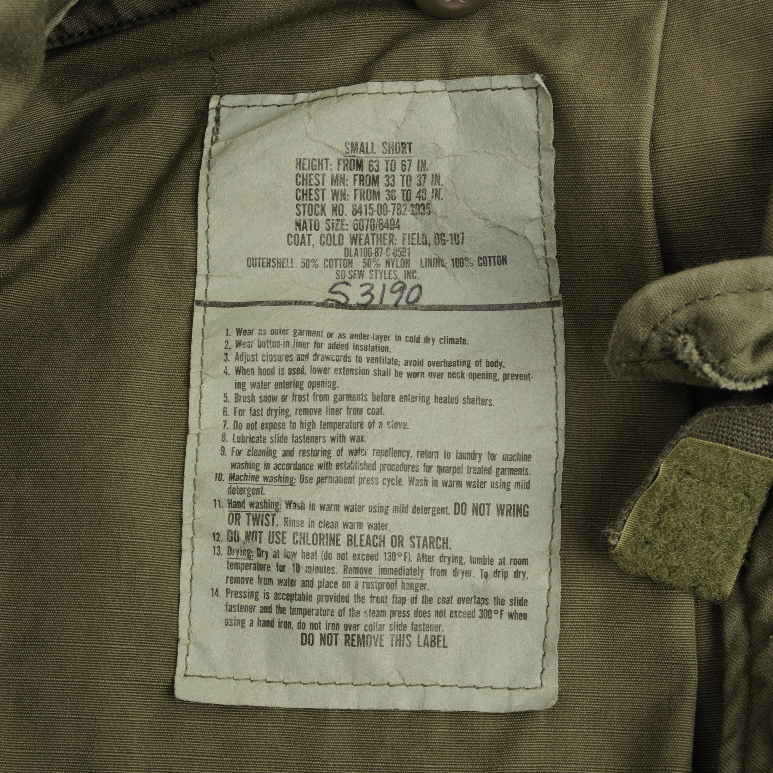 VINTAGE US ARMY M-1965 M65 FIELD JACKET 1987 SIZE SMALL