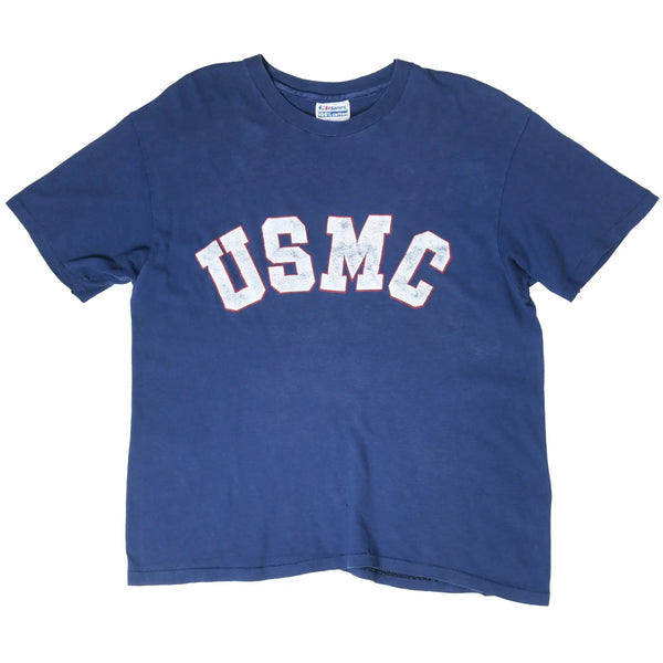 VINTAGE USMC MARINES CORPS BLUE DISTRESSED TEE SHIRT 1980S MEDIUM MADE IN USA