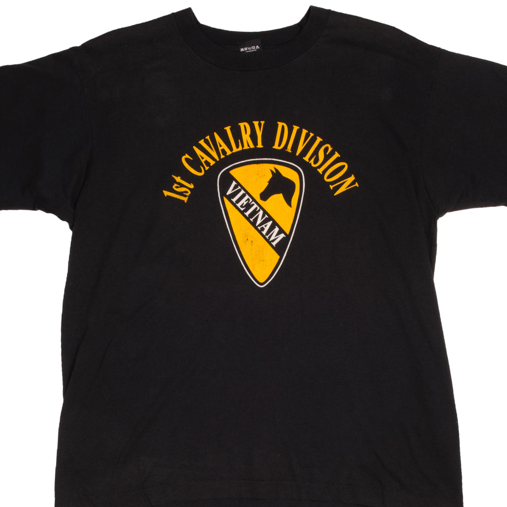 Vintage Black 1st Cavalry Division Vietnam T-Shirt 90s size XLarge Made in USA with single stitch sleeves.