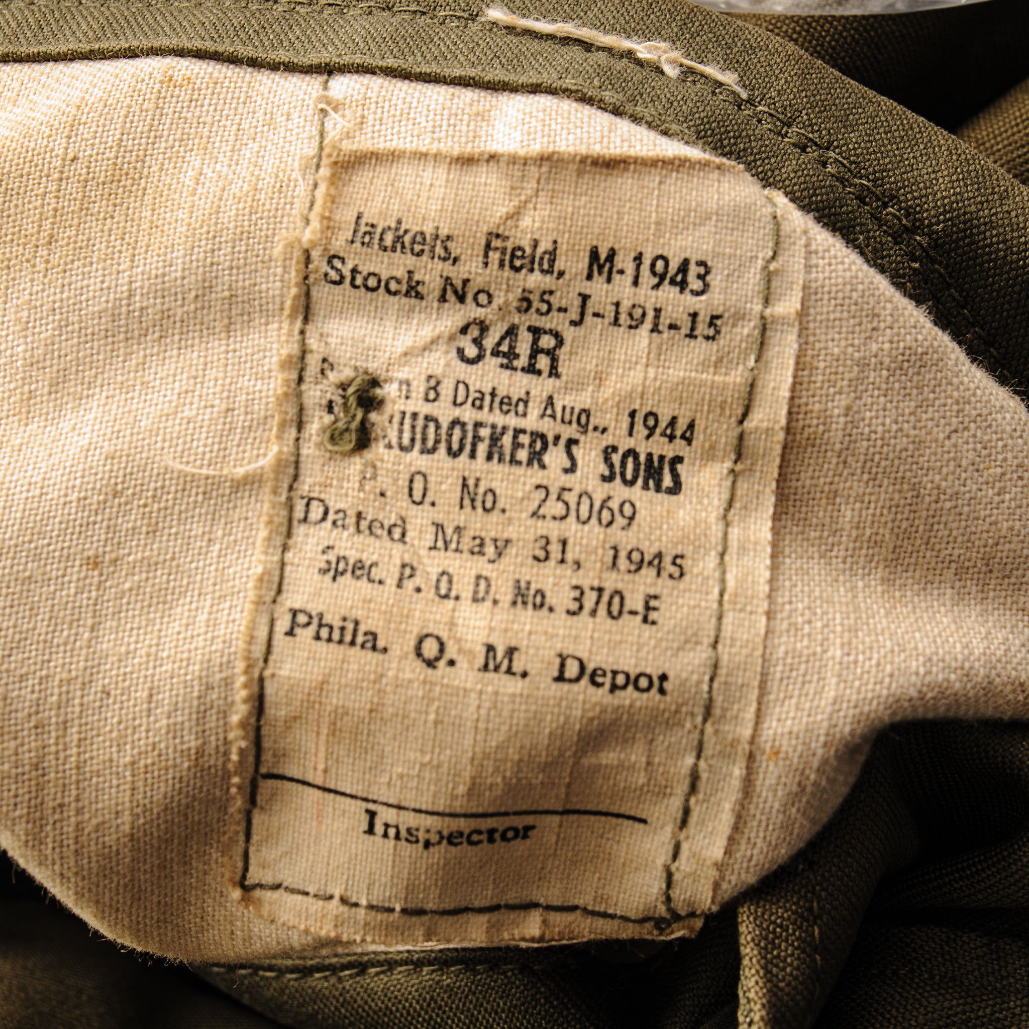 US Army M-1943 Field Jacket 370-E Issue 1945 WW2 Size 34R