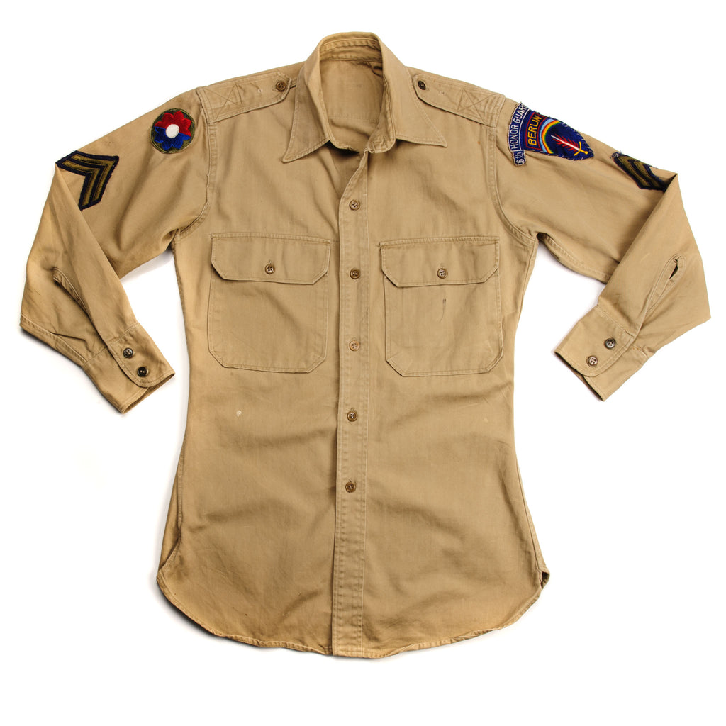 VINTAGE US ARMY COTTON SHIRT M-37 M37 KHAKI 1940'S POST WW2 PATCHES SIZE XS