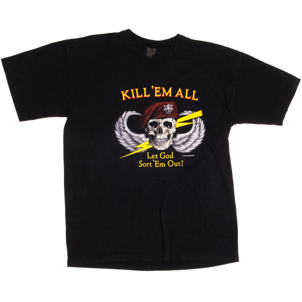 Vintage US Special Forces Red Beret De Oppresso Liber Kill'Em All Let God Sort'Em Out ! Tee Shirt 1986 Size Large.