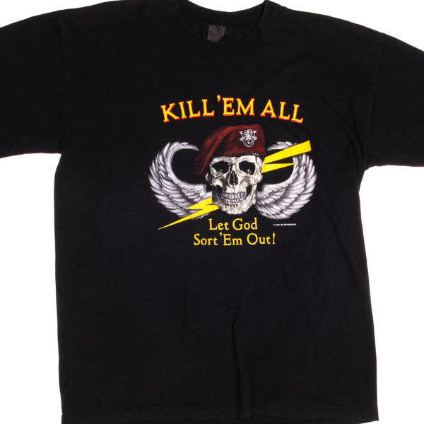 Vintage US Special Forces Red Beret De Oppresso Liber Kill'Em All Let God Sort'Em Out ! Tee Shirt 1986 Size Large.