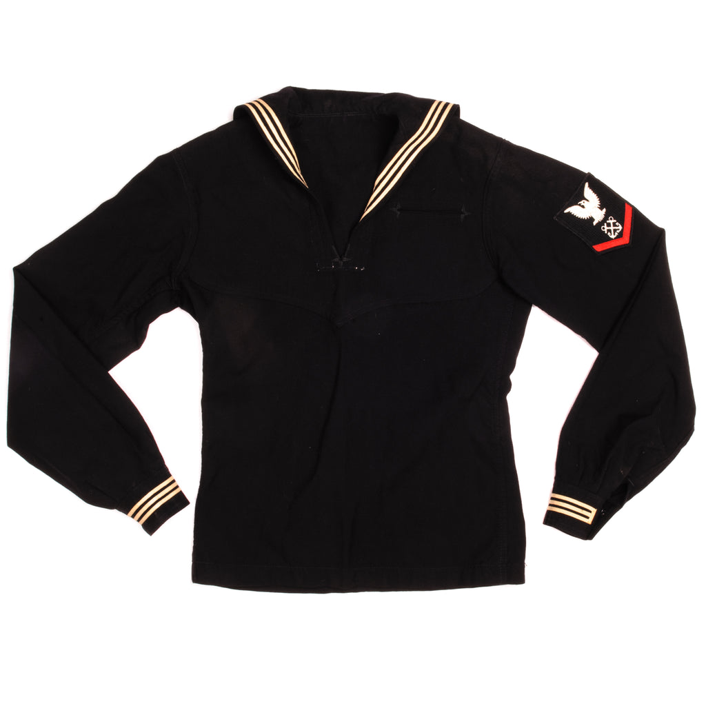 Vintage US Navy Experimental Garment Wool Jumper Man's Blue Dress 1978 Size 36L with Boatswain's Mate Patch.  Property of U.S. Navy Clothing and Textile Research Facility Natick, MA.  N00140-78-C-6081  8405-LL-L02-2010