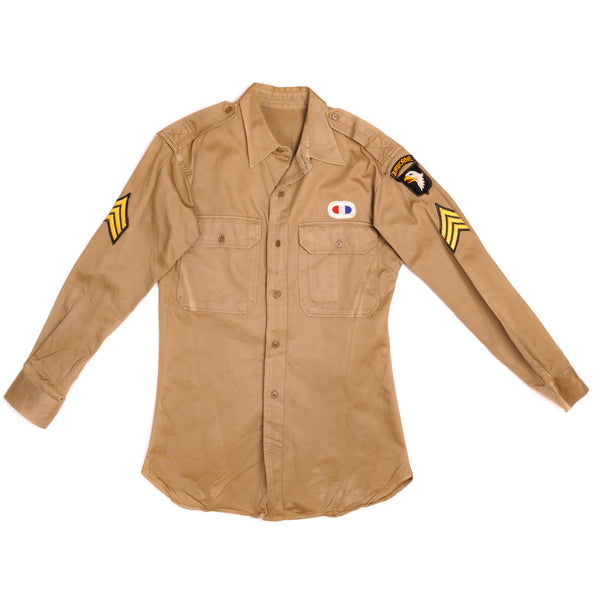 Vintage US Army Cotton Shirt M-37 M37 Khaki WW2 Era Patched.  Contract No. 6427  Stock No. 8405-163-7191